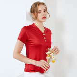 Silk top women's short-sleeved T-shirt V-neck mulberry silk knitted bottoming shirt - slipintosoft