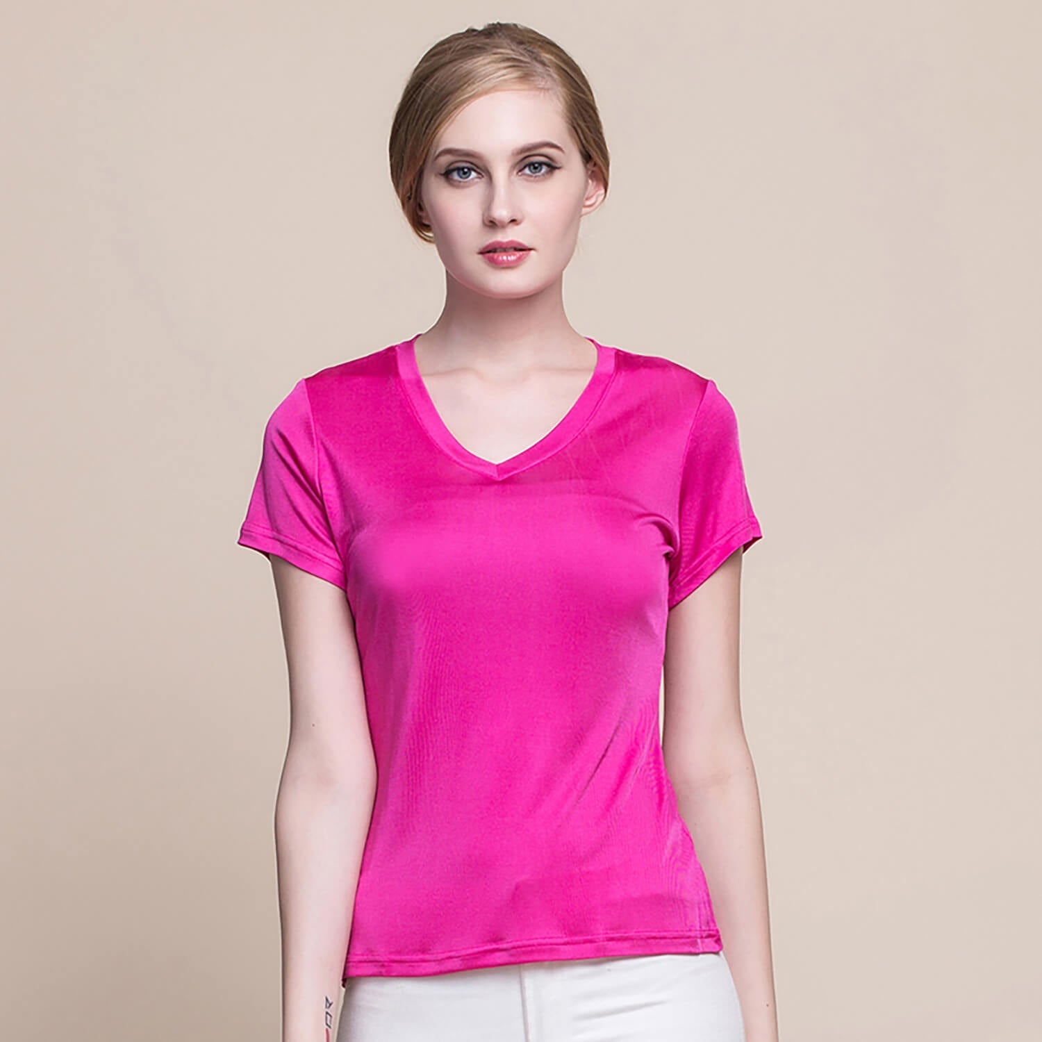 Silk v-neck short-sleeved t-shirt women's silk bottoming shirt women's top - slipintosoft