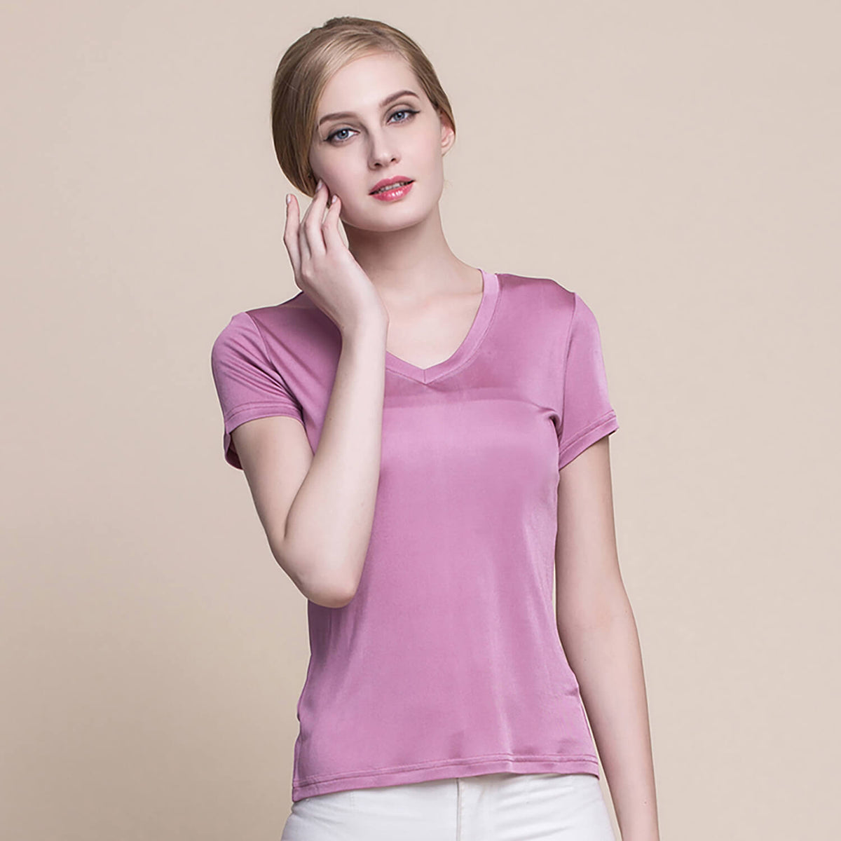Silk v - neck silk t-shirt women's silk knitted top