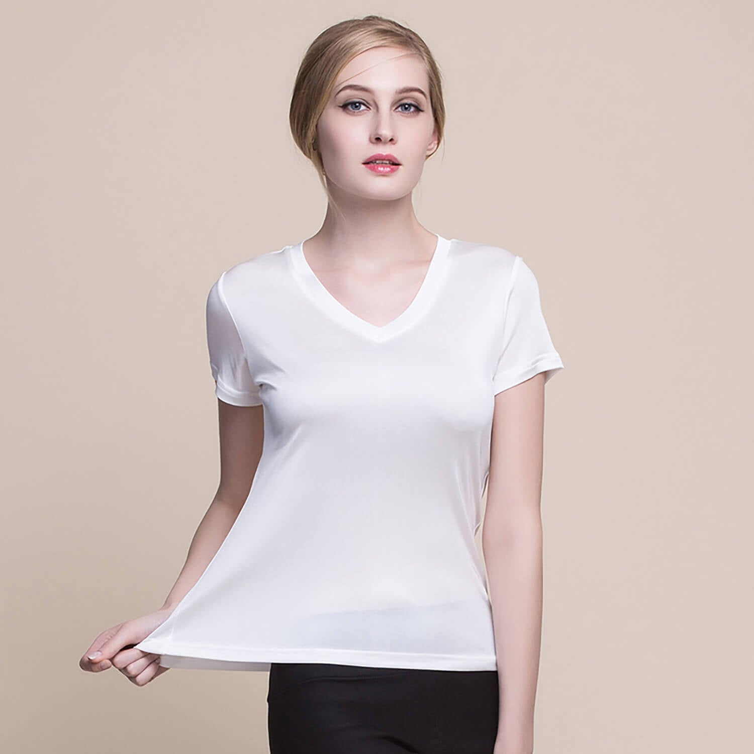 Silk v-neck short-sleeved t-shirt women's silk bottoming shirt women's top - slipintosoft