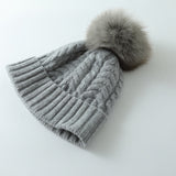 Solid Cashmere Chunky Knitted Hat with Fur Pom Womens Soft Cashmere Beanie for Winter