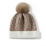 Warm Pure Cashmere Hat for Women Mixed Colors Cashmere Beanie with Fur Pom