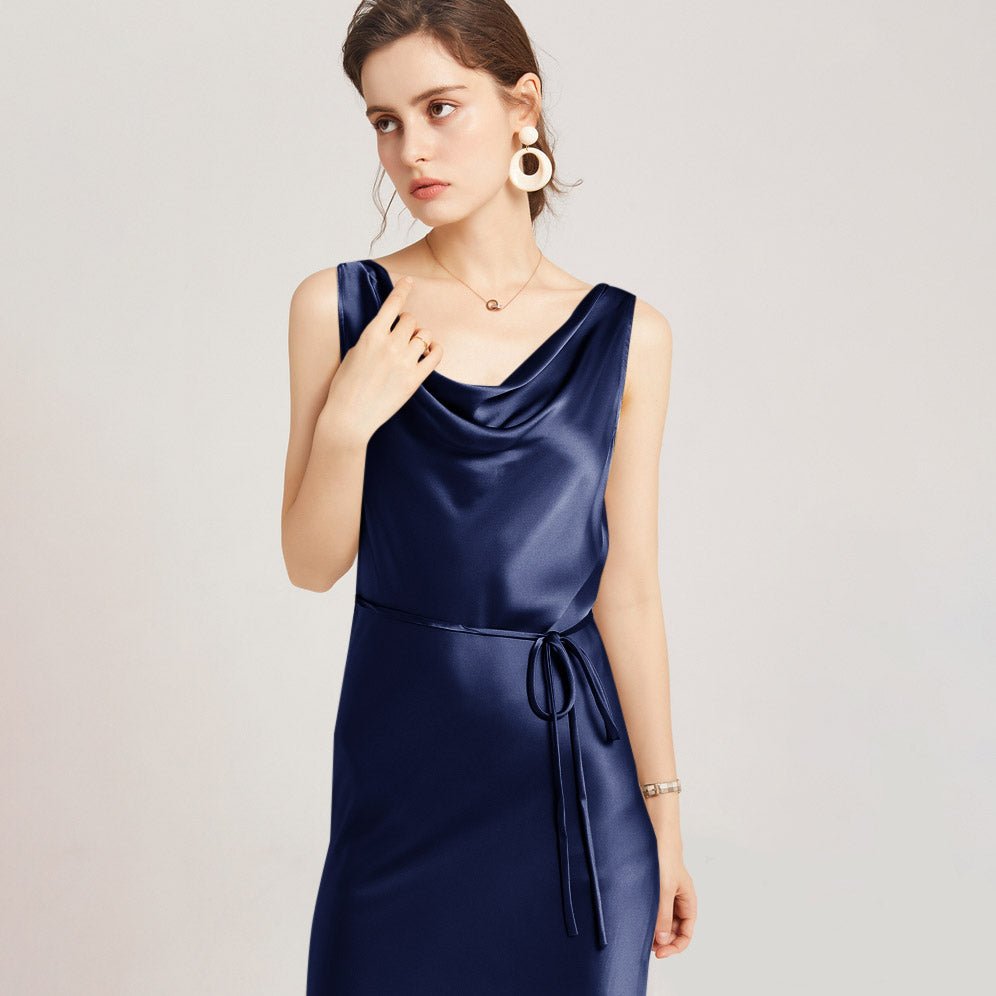 22 Momme Elegant Sleeveless Women's Silk Dress Cowl Neck Midi Silk Dress - slipintosoft