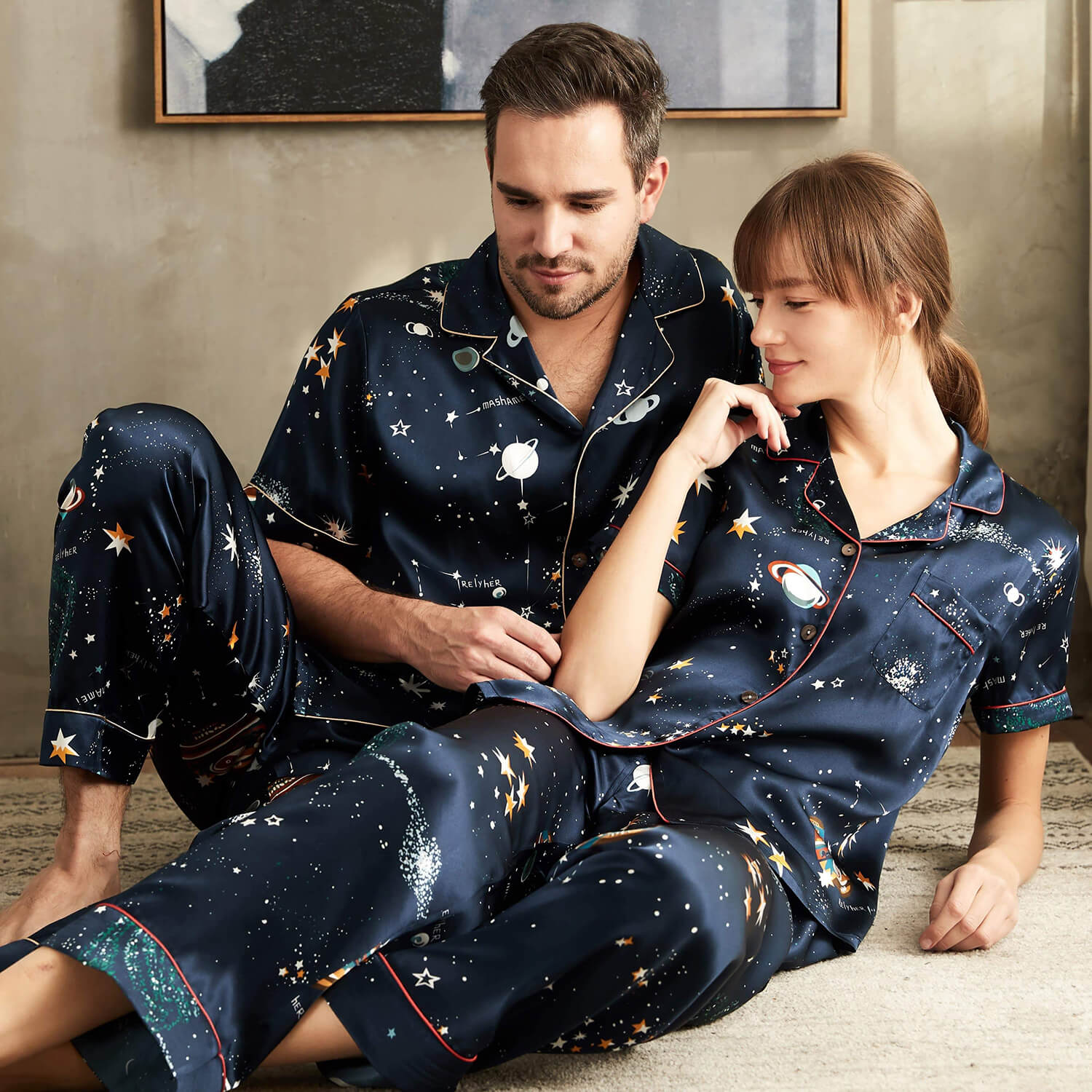 Short Printed Silk Matching Pajamas silk pajama set for Couple silk pj set silk pjs