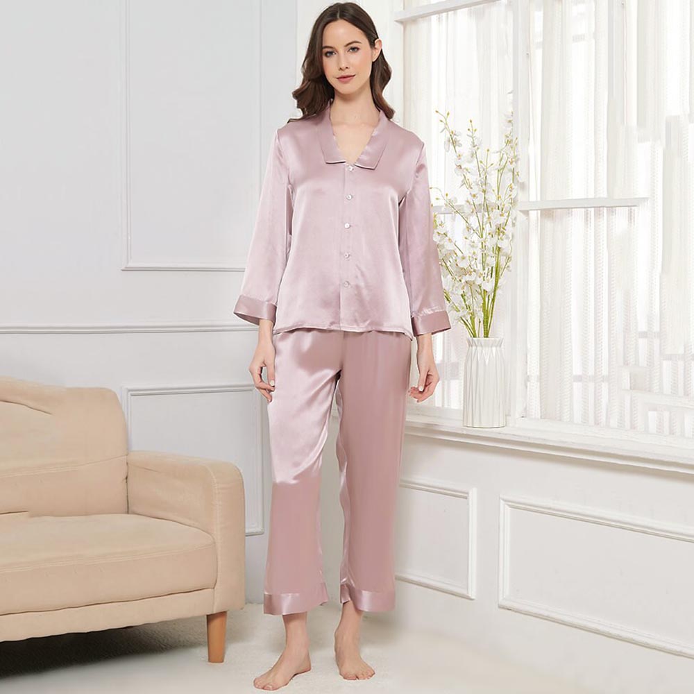 Soft Plum Button Up Long Sleeve 2-Piece Silk Pajamas Set