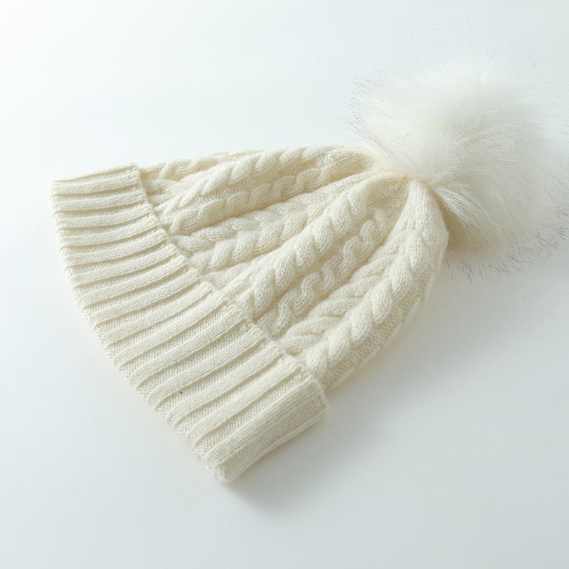 Solid Cashmere Chunky Knitted Hat with Fur Pom Womens Soft Cashmere Beanie for Winter Cashmere Hats