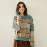 Striped Cashmere Sweater for Women Crew Neck Cashmere Blouses Drop Shoulder Wool Cashmere Sweater