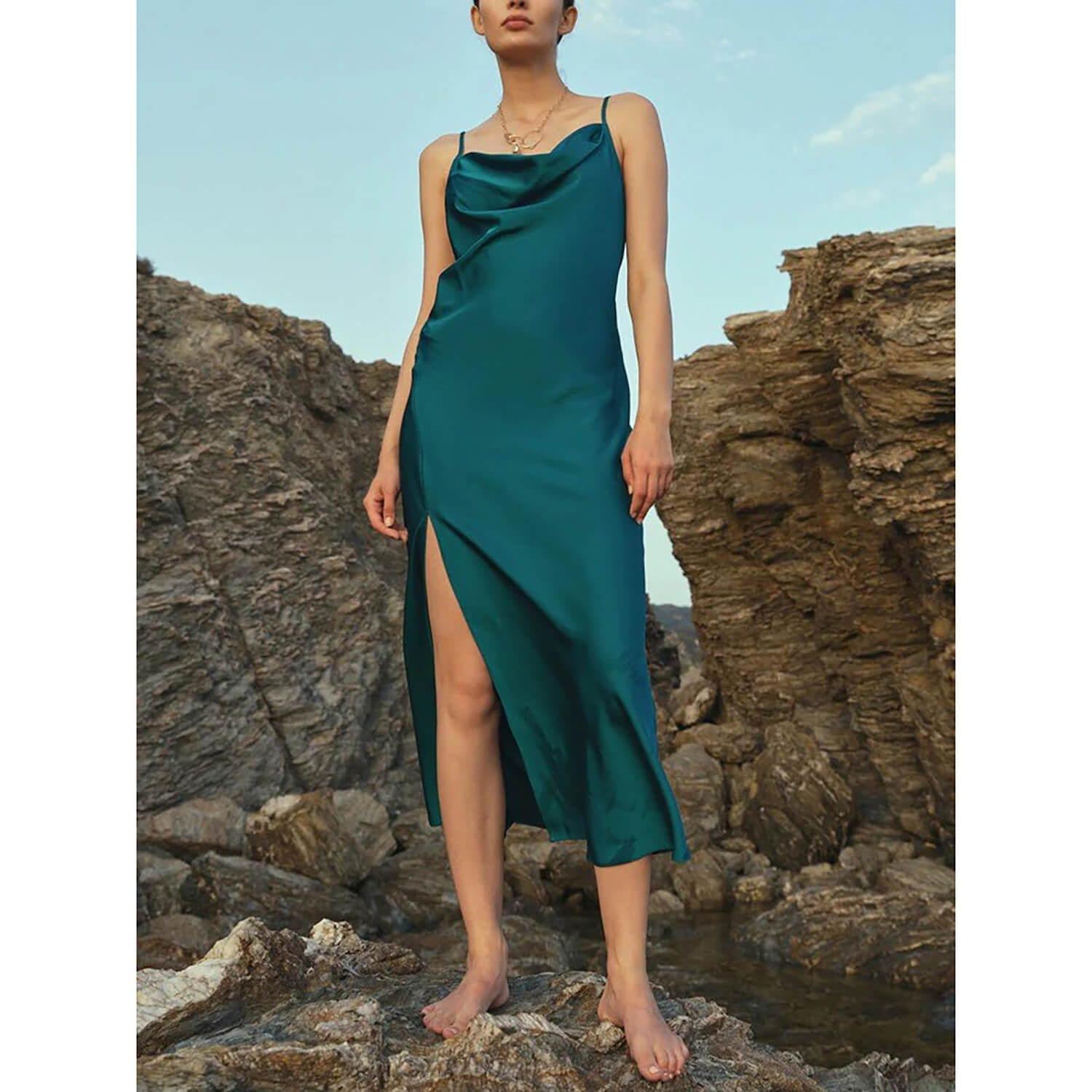 Sexy Cowl Neck Long Silk Dresses With Side Slit - slipintosoft