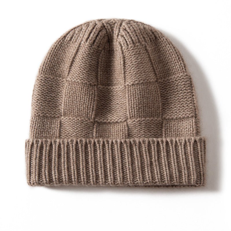 Unisex Checkered Cashmere Beanie Ribbed Brim Cashmere Knit Hat