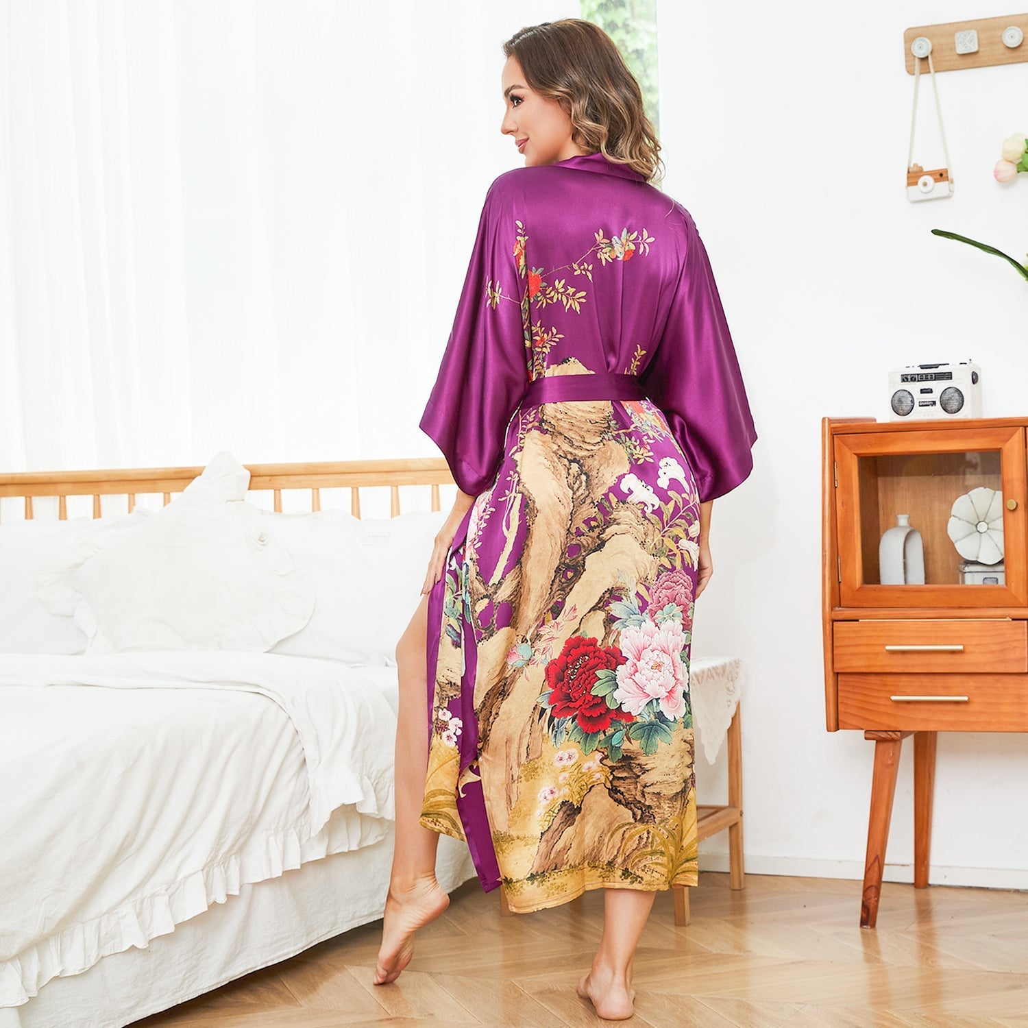 Vintage Floral Pattern Women Luxury Long 100% Pure Mulberry Silk Kimono Robe - slipintosoft