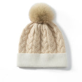 Warm Pure Cashmere Hat for Women Mixed Colors Cashmere Beanie with Fur Pom Cashmere Hats