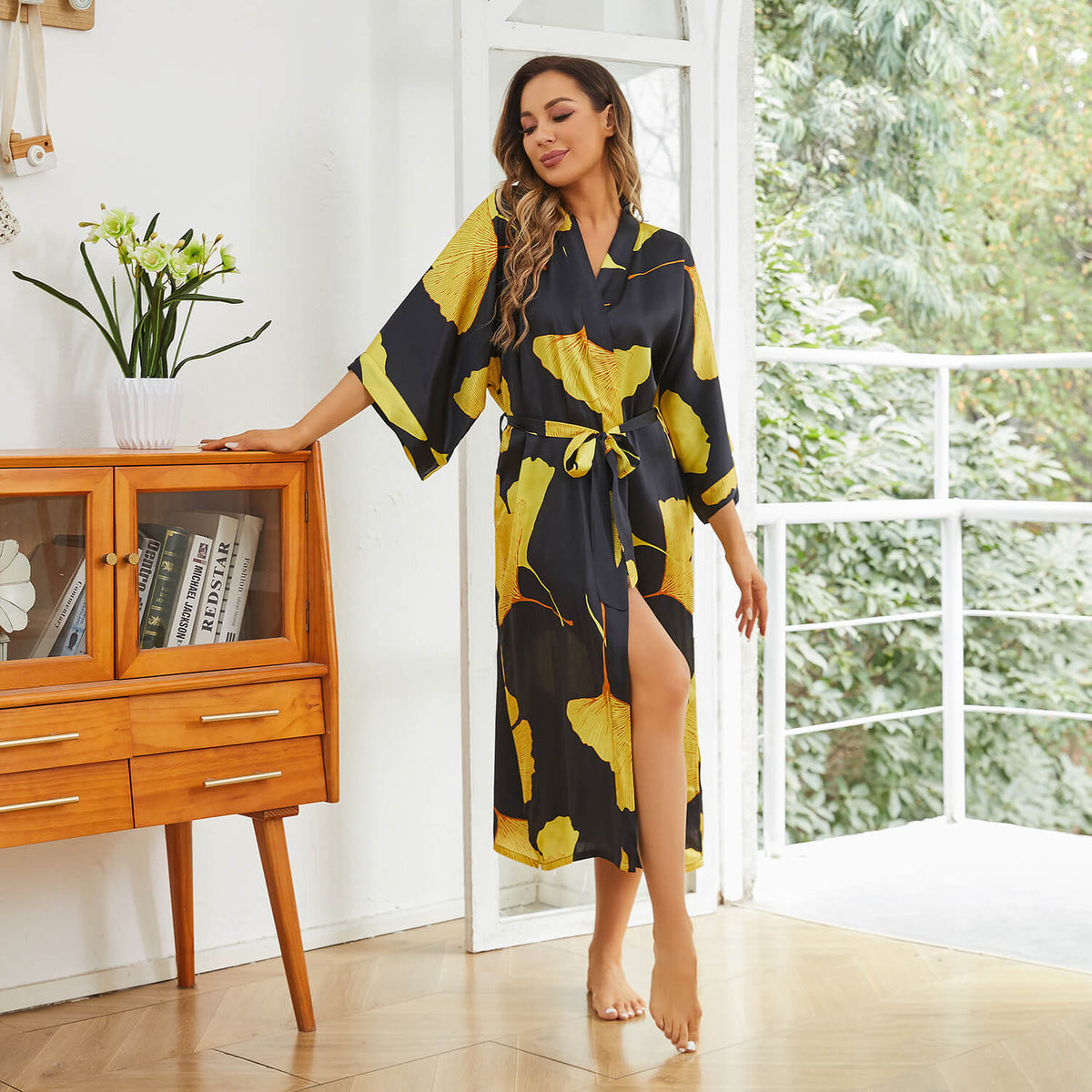 Long Sleeves 100% Pure Silk Kimono Robe Gold Ginkgo Leaf Nightwear for Ladies Women - slipintosoft