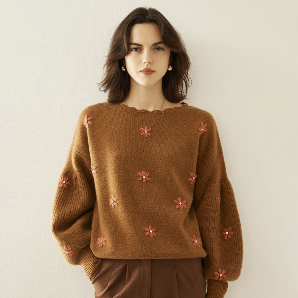 Women Crew Neck Cashmere Sweater Lantern Sleeve Embroidery Crochet Cashmere Tops Wool Cashmere Sweater