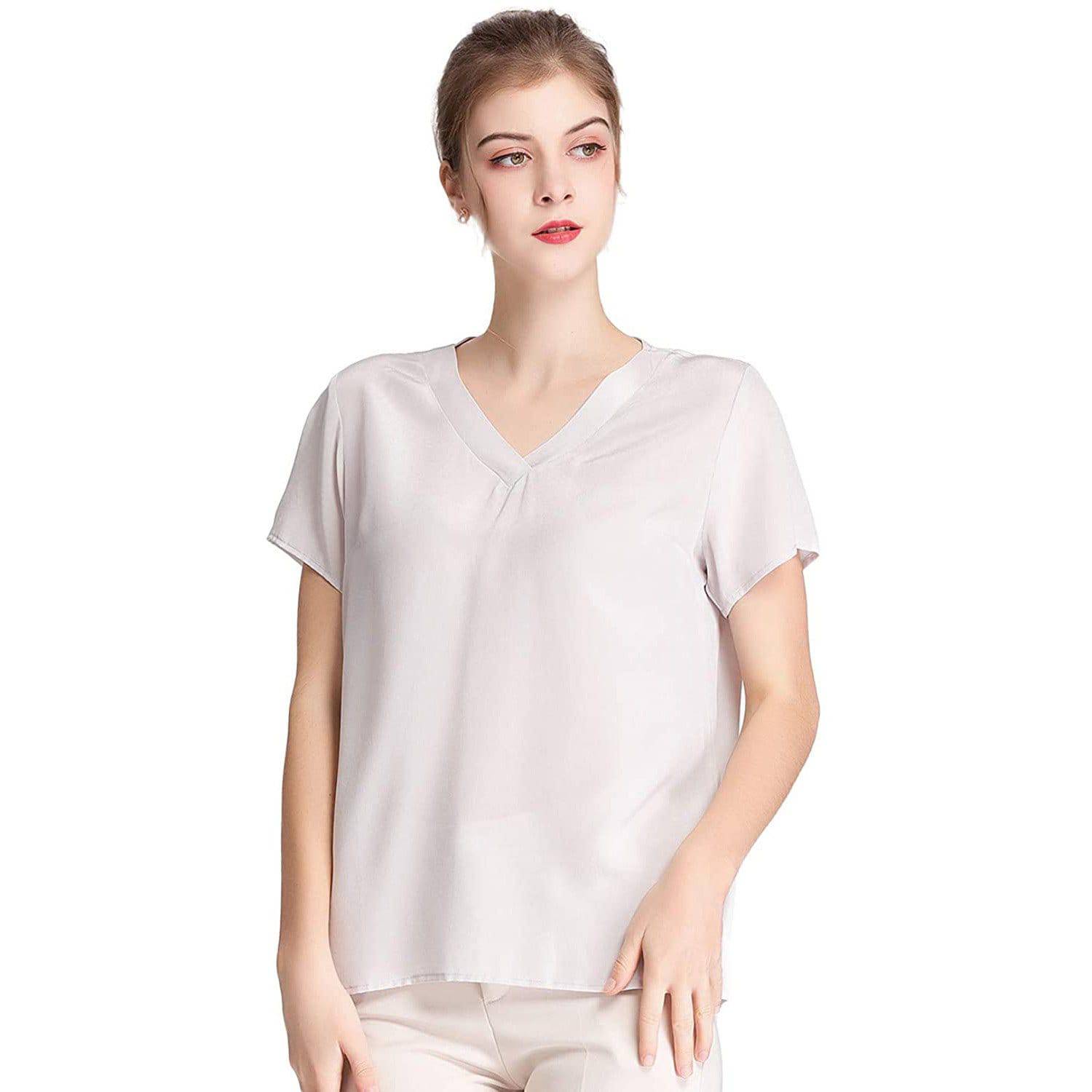 Women Mulberry Silk T-Shirt Short Sleeve V Neck Tank Ladies Silk Shirt - slipintosoft