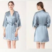 Women Silk Nightgown and Robe Set Short Lace pure Silk Nightgown Set