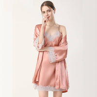 Women Silk Nightgown and Robe Set Short Lace pure Silk Nightgown Set