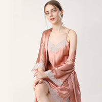 Women Silk Nightgown and Robe Set Short Lace pure Silk Nightgown Set