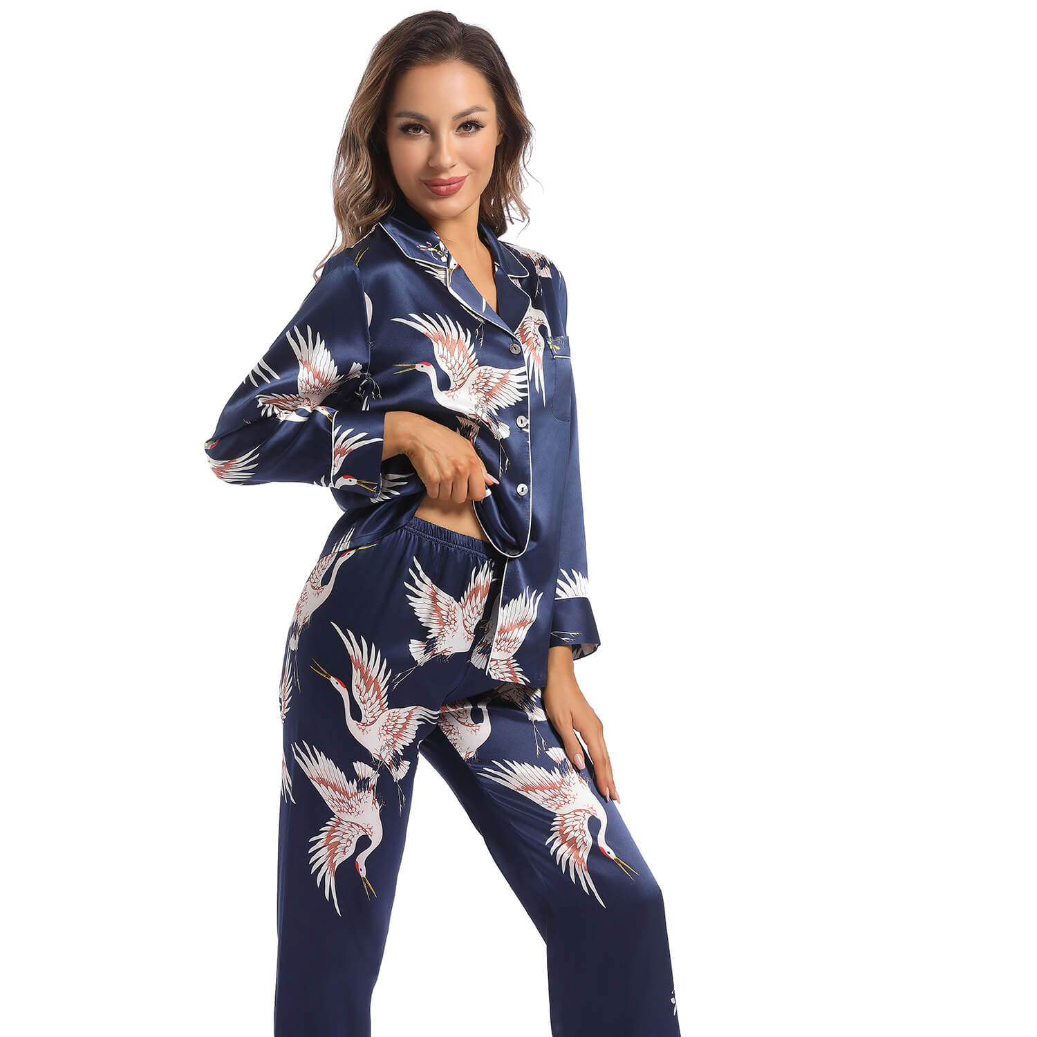 Women Silk Pajamas Set Crane Printed Ladies Silk Nightwear