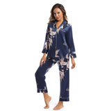 Women Silk Pajamas Set Crane Printed Ladies Silk Nightwear