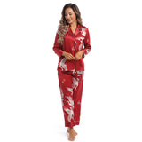 Women Silk Pajamas Set Crane Printed Ladies Silk Nightwear