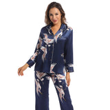 Women Silk Pajamas Set Crane Printed Ladies Gorgeous silk nightwear