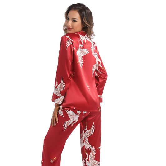 Women Silk Pajamas Set Crane Printed Ladies Gorgeous silk nightwear