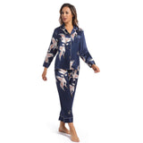 Women Silk Pajamas Set Crane Printed Ladies Silk Nightwear