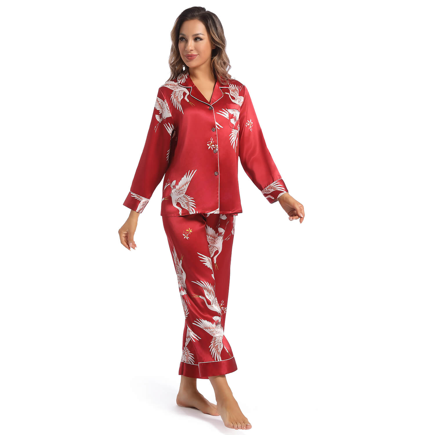 Women Silk Pajamas Set Crane Printed Ladies Silk Nightwear