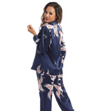 Women Silk Pajamas Set Crane Printed Ladies Silk Nightwear