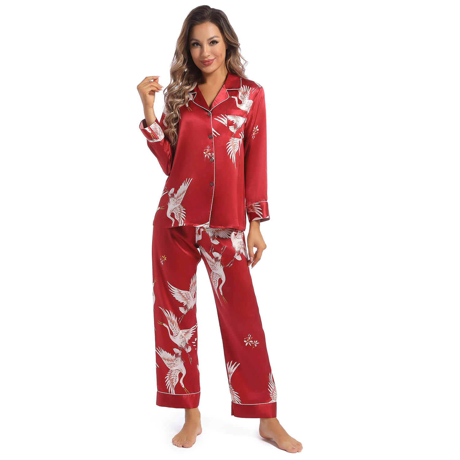 Women Silk Pajamas Set Printed Ladies Gorgeous Silk Nightwear Set - slipintosoft