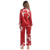 Women Silk Pajamas Set Crane Printed Ladies Silk Nightwear