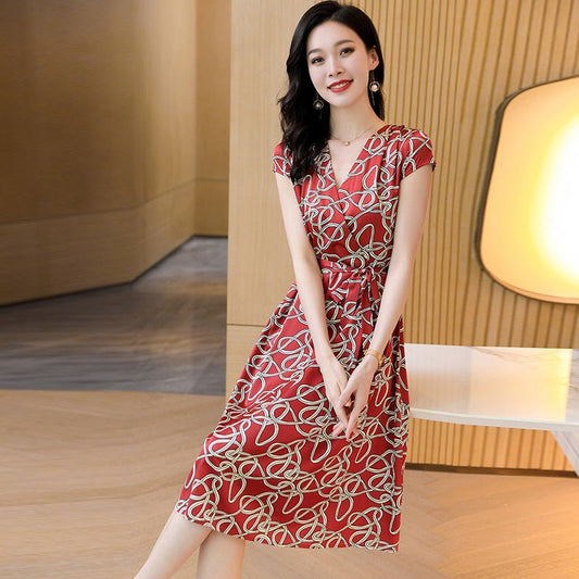 Women Summer Silk Floral Dress Printed Party Silk Midi Dress