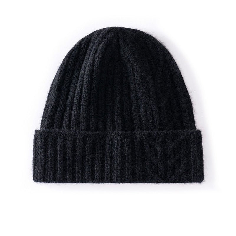 Womens 100% Cashmere Beanie Cable Knit Cashmere Hat Ribbed Fold Brim