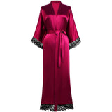 Women Silk Kimono Robe Long Bridesmaid Wedding Bath Robe with Lace Trim - slipintosoft