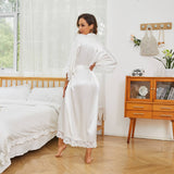 Women Silk Kimono Robe Long Bridesmaid Wedding Bath Robe with Lace Trim - slipintosoft