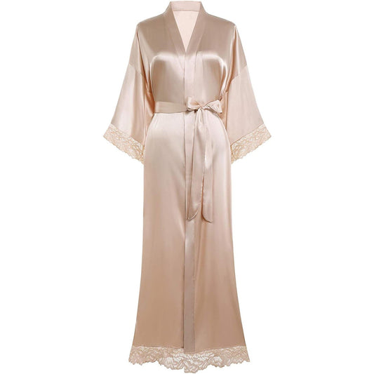 Women Silk Kimono Robe Long Bridesmaid Wedding Bath Robe with Lace Trim - slipintosoft