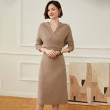 Women's A Line Cashmere Dress Rib-Knit Wrap Sweater Dresses - slipintosoft