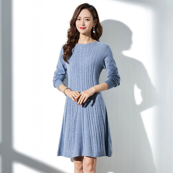 Womens Pure Cashmere Cable Knit A-Line Long Sleeve Crew Neck Dress
