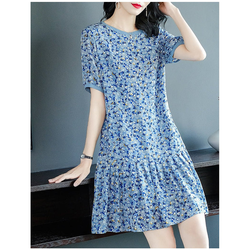 Womens Blue Floral Print Silk Mini Dress Ruffle Hem Short Silk Dress Blue / XS