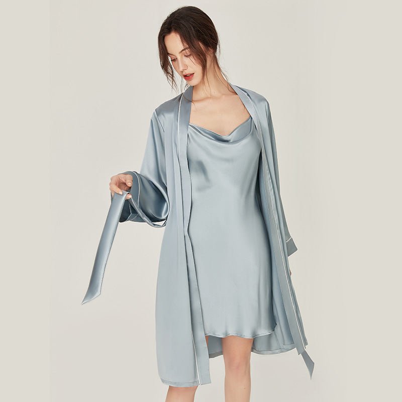 Womens Silk Nightgown And Robe Set Cowl Neck Pure Silk Sleepwear