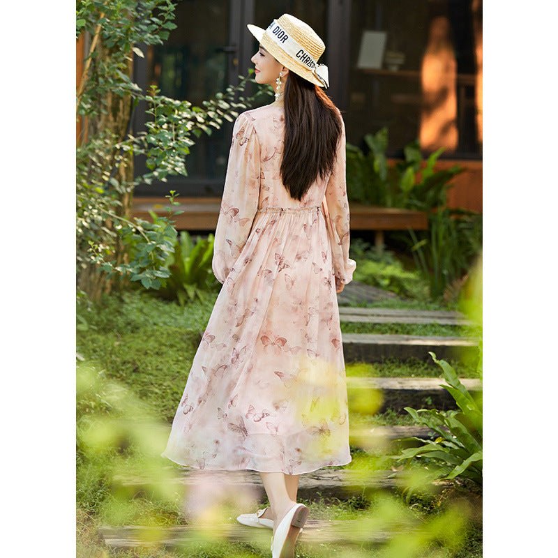 Womens Butterfly Print Pink Silk Chiffon Maxi Dress Long Silk Dress