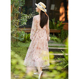 Womens Butterfly Print Pink Silk Chiffon Maxi Dress Long Silk Dress