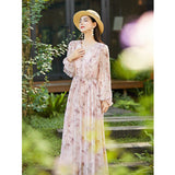 Womens Butterfly Print Pink Silk Chiffon Maxi Dress Long Silk Dress