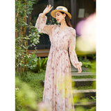 Womens Butterfly Print Pink Silk Chiffon Maxi Dress Long Silk Dress