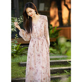 Womens Butterfly Print Pink Silk Chiffon Maxi Dress Long Silk Dress