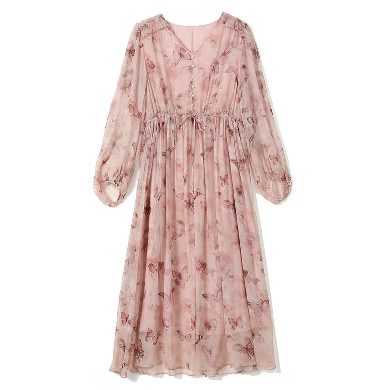 Womens Butterfly Print Pink Silk Chiffon Maxi Dress Long Silk Dress