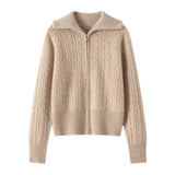 Womens Cable Knit Cashmere Cardigan Collared Full Zip Cashmere Sweater Jacket Beige XS