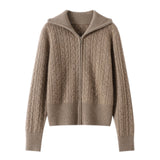 Womens Cable Knit Cashmere Cardigan Collared Full Zip Cashmere Sweater Jacket Taupe XS