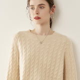 Womens Cable Knit Cashmere Sweater Crew Neck Cashmere Pullover Multi Colors Beige XS
