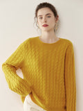 Womens Cable Knit Cashmere Sweater Crew Neck Cashmere Pullover Multi Colors Yellow XS